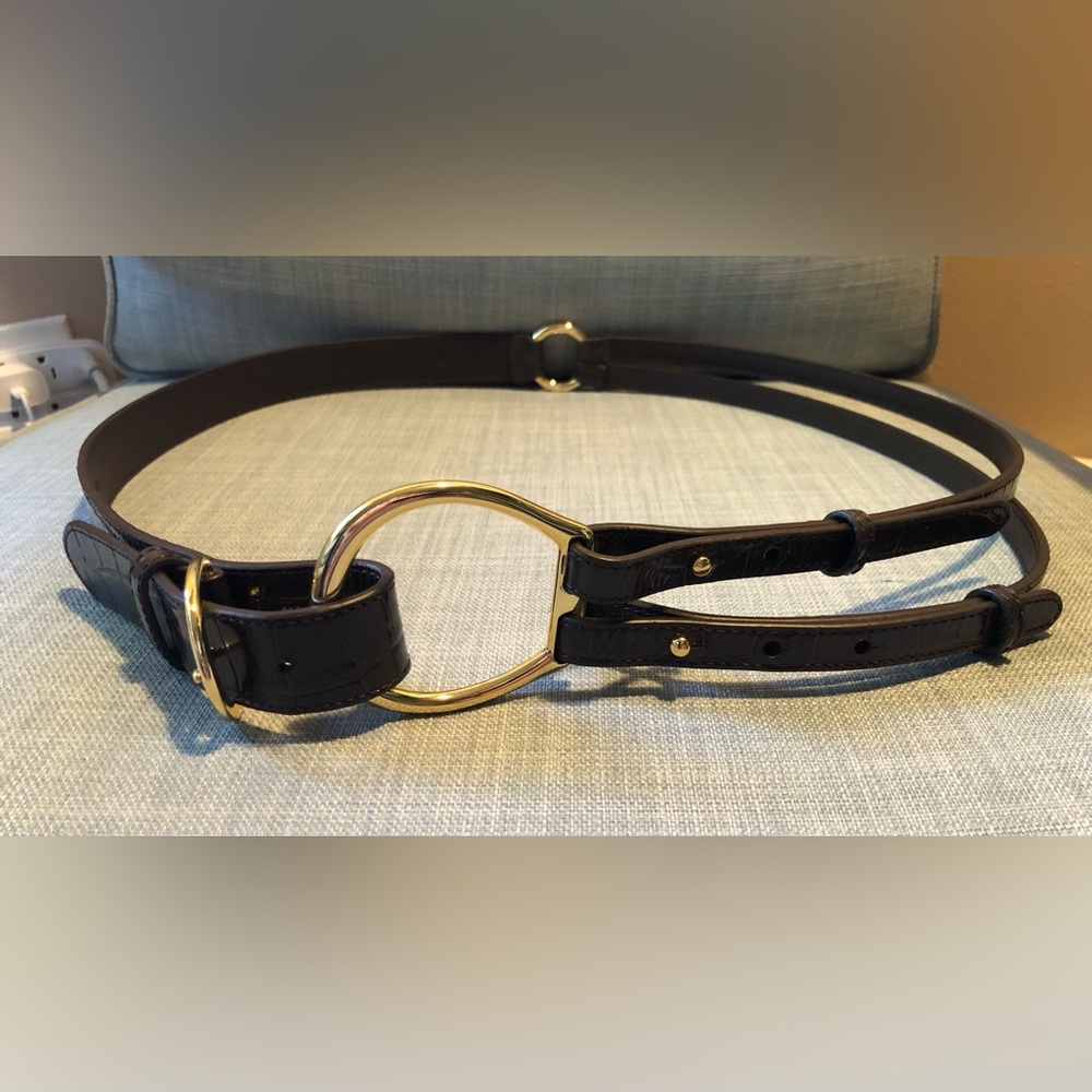 Lauren Ralph Lauren Brown Double-Strip Leather Belt with Gold Ring Accent